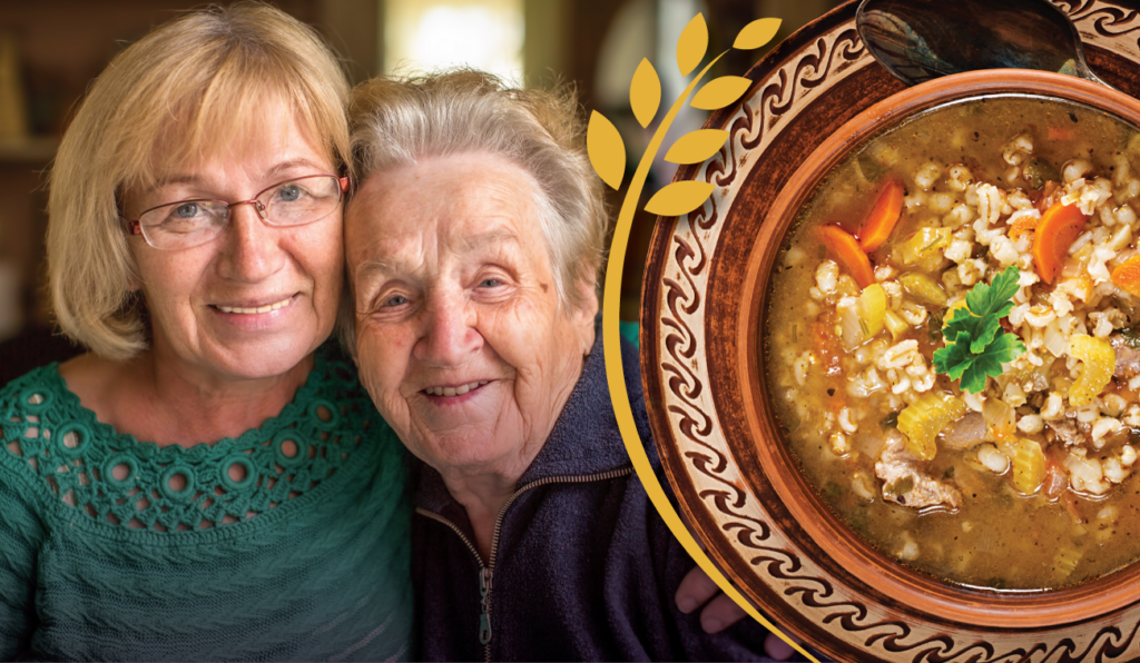 Senior woman with her daughter and a blow of soup